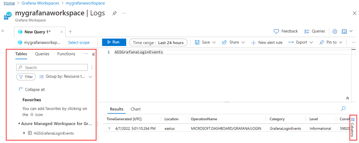 Azure 平台的屏幕截图。日志查询筛选器和列。