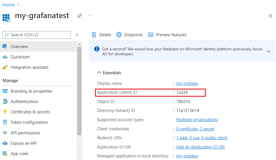 Azure 门户的屏幕截图，显示如何获取客户端 ID。