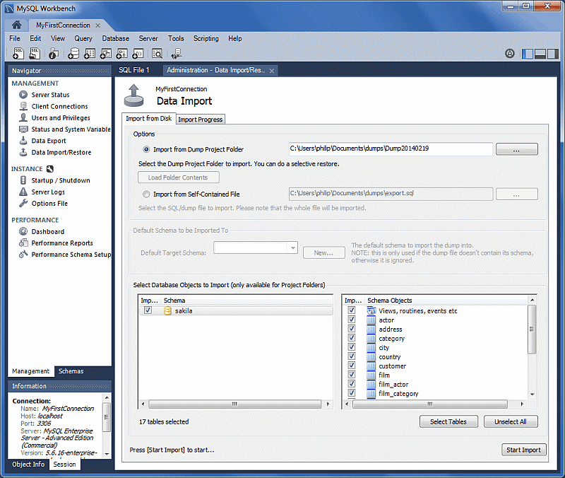 在 MySQL Workbench 中使用“导航器”窗格显示“数据导入”窗格的屏幕截图。