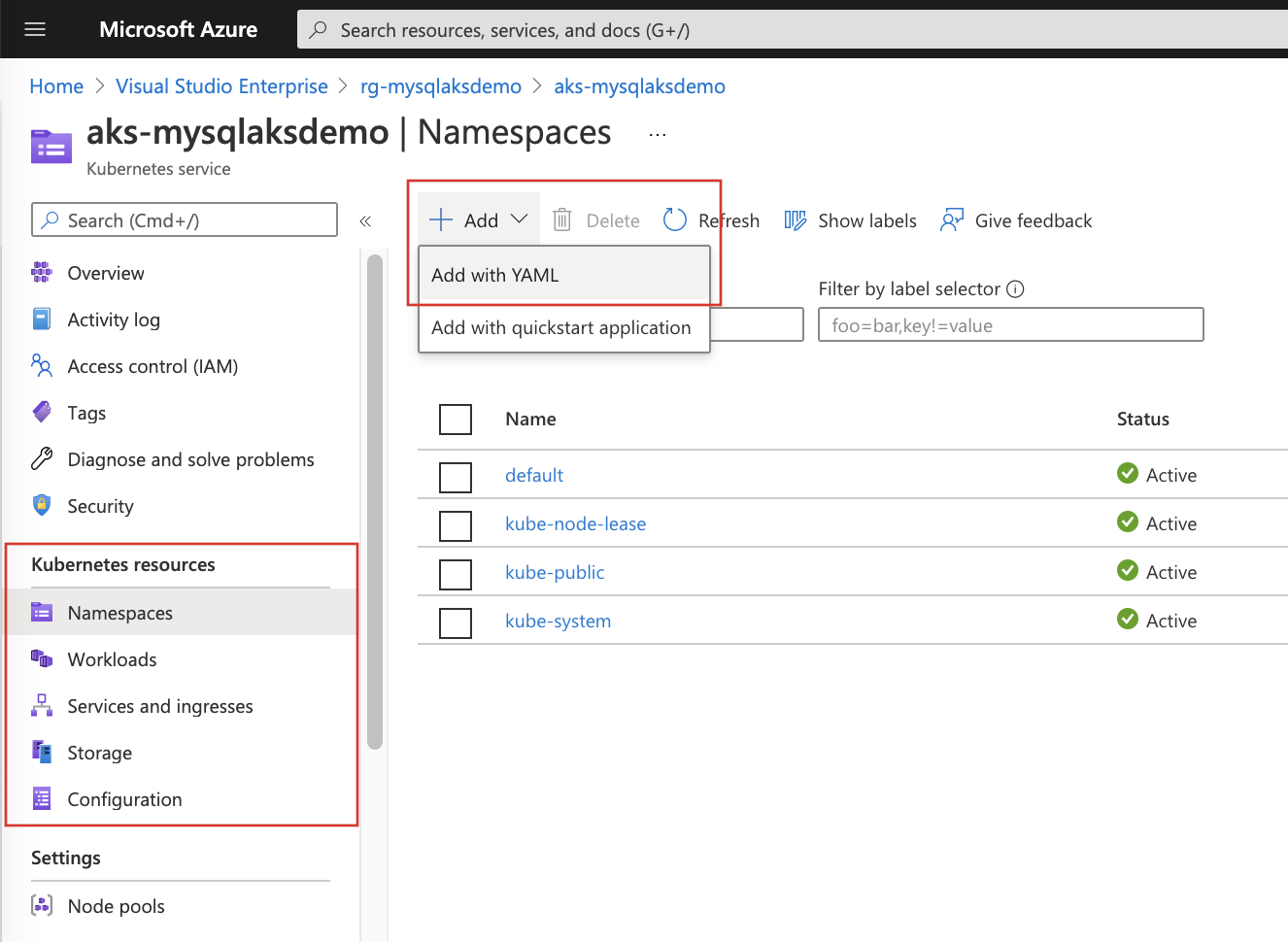 显示 Azure 门户上的 Azure Kubernetes 服务资源视图的屏幕截图。