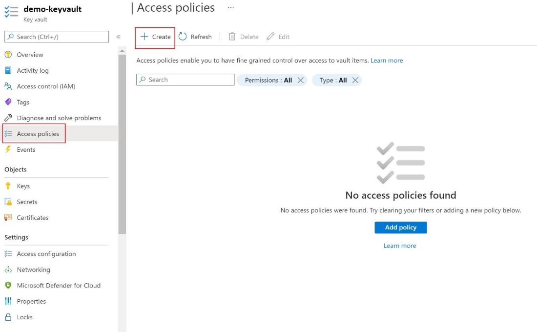 Azure 门户中 密钥保管库 访问策略的屏幕截图。