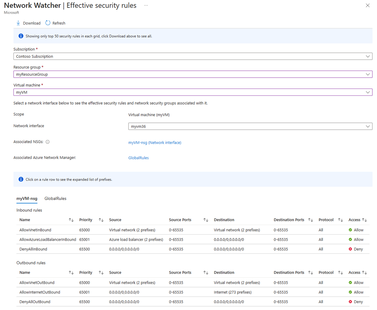 Azure 门户中的 Azure 网络观察程序有效安全规则的屏幕截图。