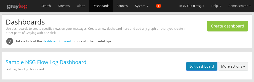 屏幕截图显示了 Graylog 服务器仪表板，其中包含用于创建和编辑仪表板的选项。