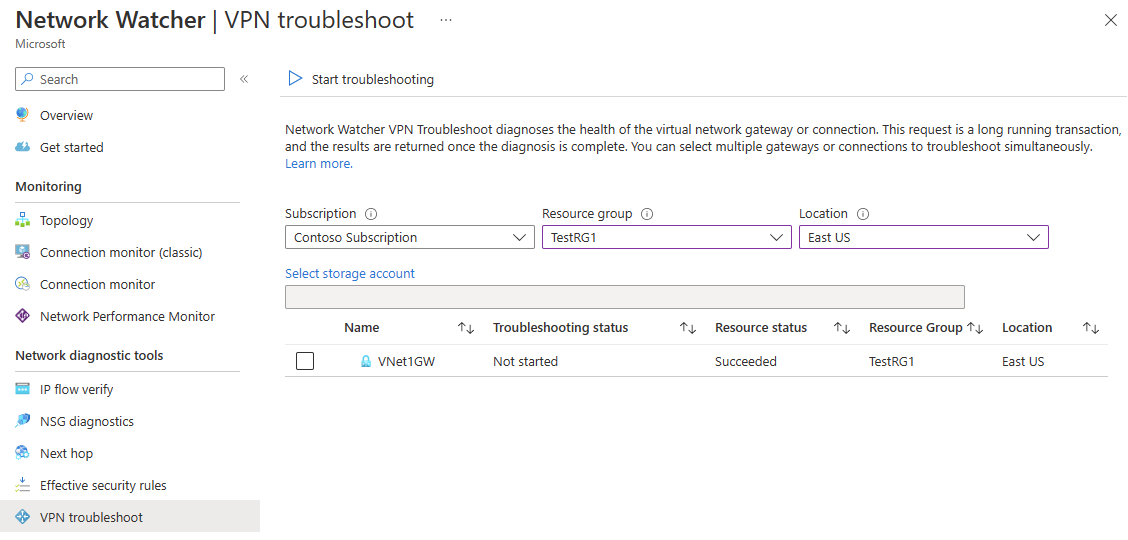 Azure 门户中 Azure 网络观察程序 VPN 故障排除的屏幕截图。