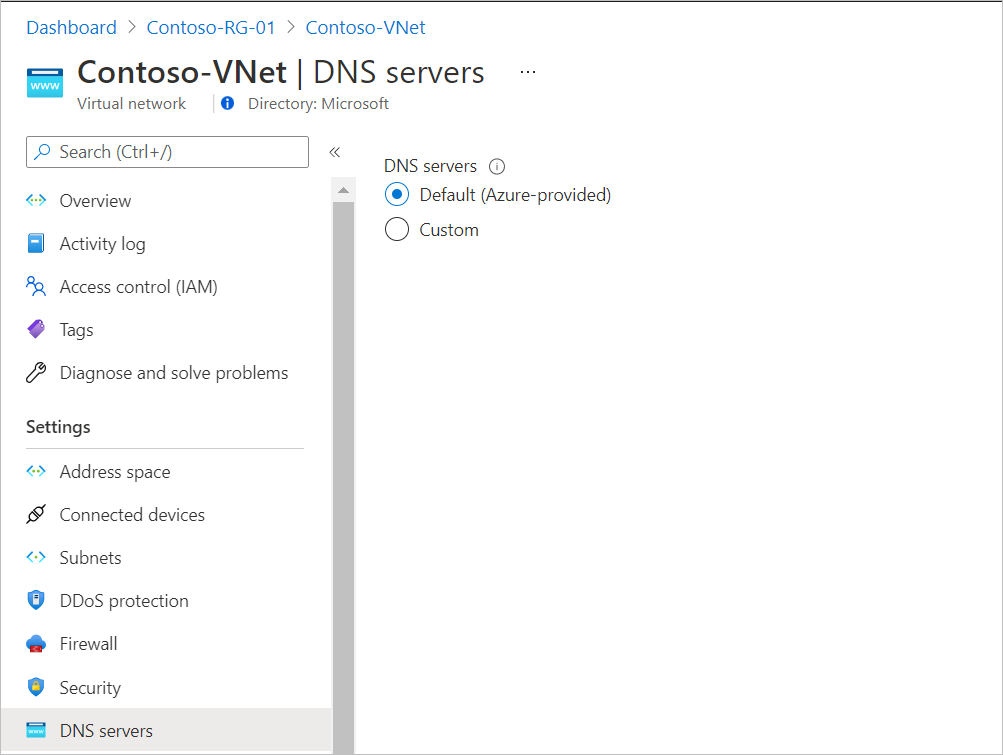 此图显示 Azure 虚拟网络自定义 DNS