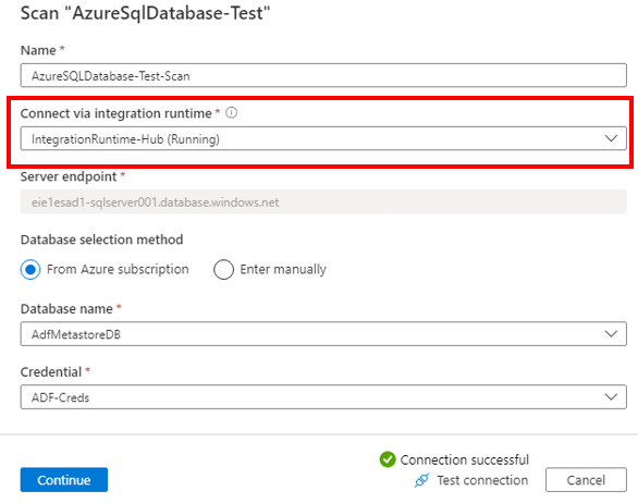 显示使用自承载 IR 运行 Azure 扫描的屏幕截图。