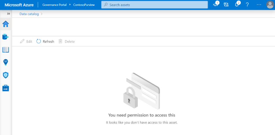 Microsoft Purview 治理门户资产窗口的屏幕截图，其中的用户没有权限，并且无权访问信息或选项。
