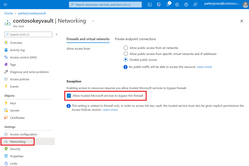 已启用“允许受信任的 Microsoft 服务绕过此防火墙”功能的 Azure Key Vault“网络”页。