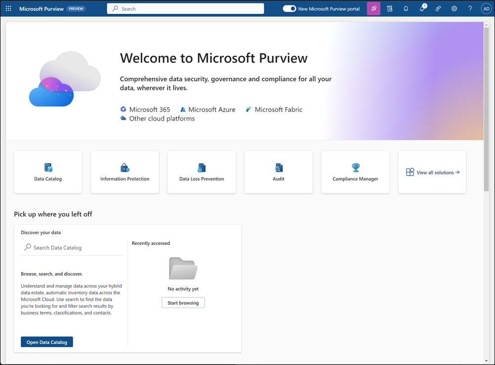 Microsoft Purview 门户主页。