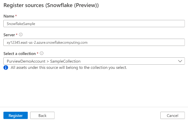 Microsoft Purview 中 Snowflake 的“注册源”页的屏幕截图，其中包含名称、服务器 URL 和集合字段。