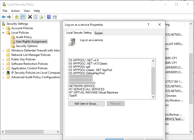 Screenshot of the 'Log on as service' properties pane.