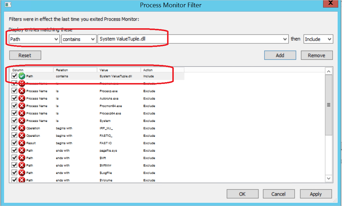 Screenshot of the "Process Monitor Filter" page, listing the filters for the DLL.