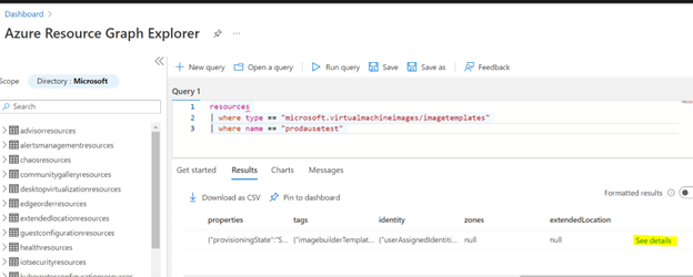 使用 Azure Resource Graph 资源管理器搜索的屏幕截图。