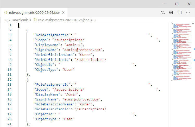 所下载的 JSON 格式的角色分配信息的屏幕截图。