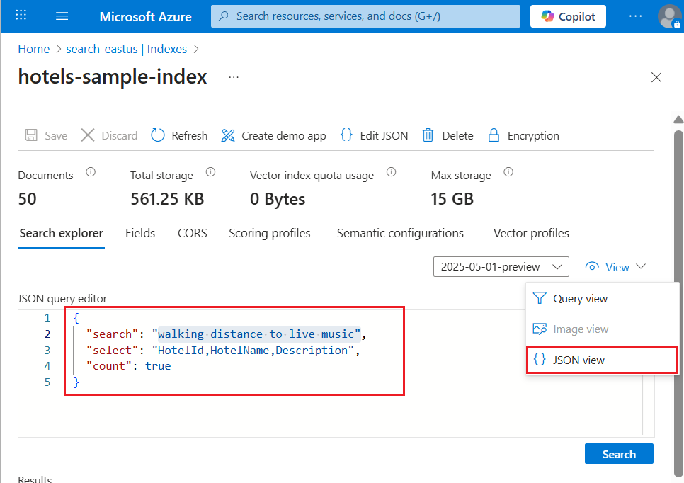 屏幕截图显示门户的搜索资源管理器中的查询。