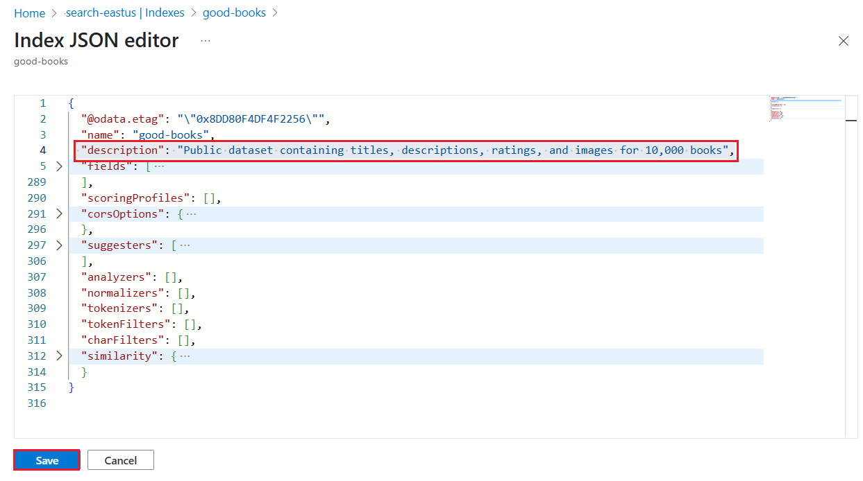 Azure 门户中索引的 JSON 定义的屏幕截图。