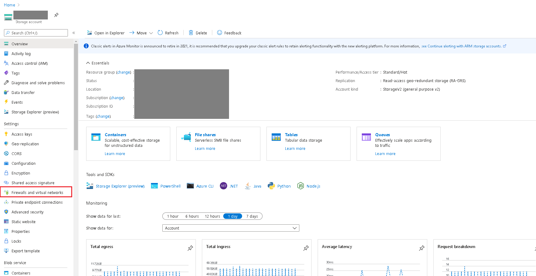 Azure 存储“防火墙和虚拟网络”页的屏幕截图