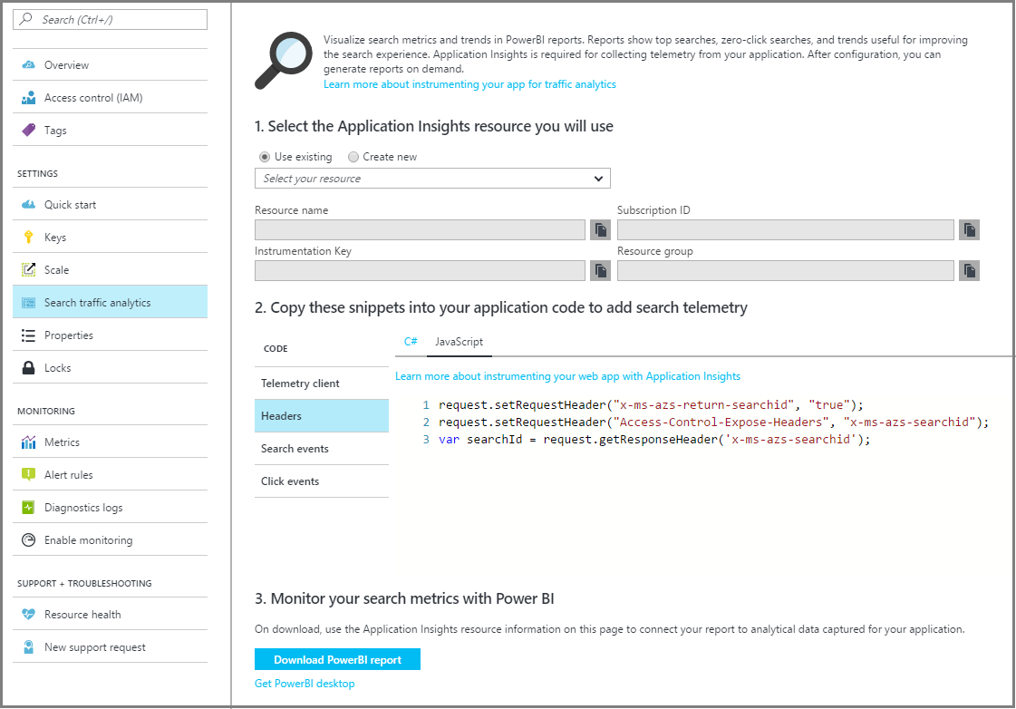 用于设置 Application Insights 的门户命令和页面的屏幕截图。