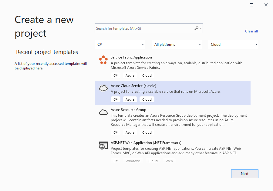 “新建项目”对话框的屏幕截图，其中选择了“云”，并突出显示了“Azure 云服务 Visual C#”并添加了红色边框。
