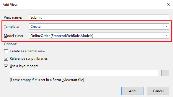 “添加视图”对话框的屏幕截图，其中对“模板”和“模型类”下拉列表添加了红色边框。