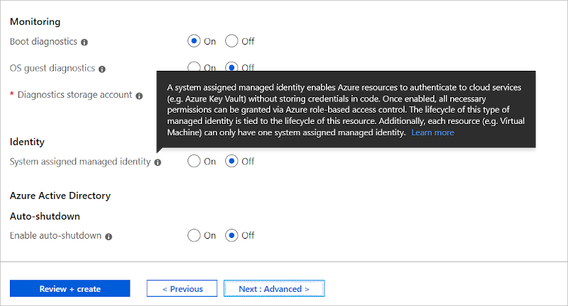 Azure 门户：创建虚拟机规模集标识选项