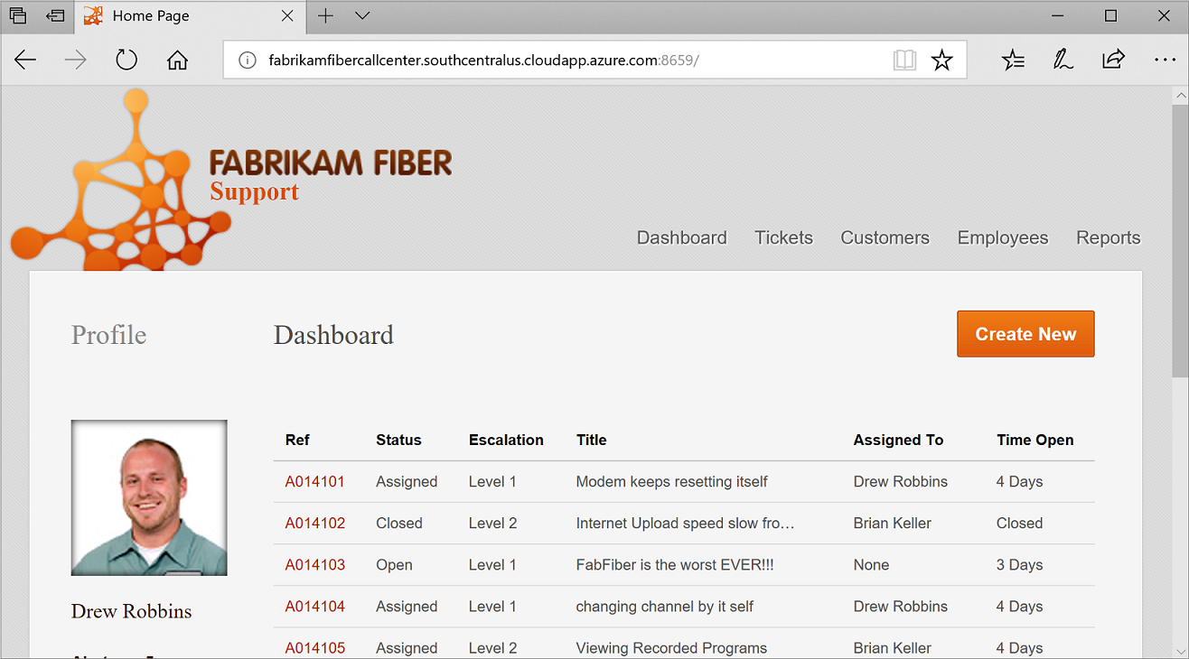 azure.com 上运行的 Fabrikam Fiber CallCenter 应用程序主页的屏幕截图。该页显示一个仪表板，其中包含支持电话列表。