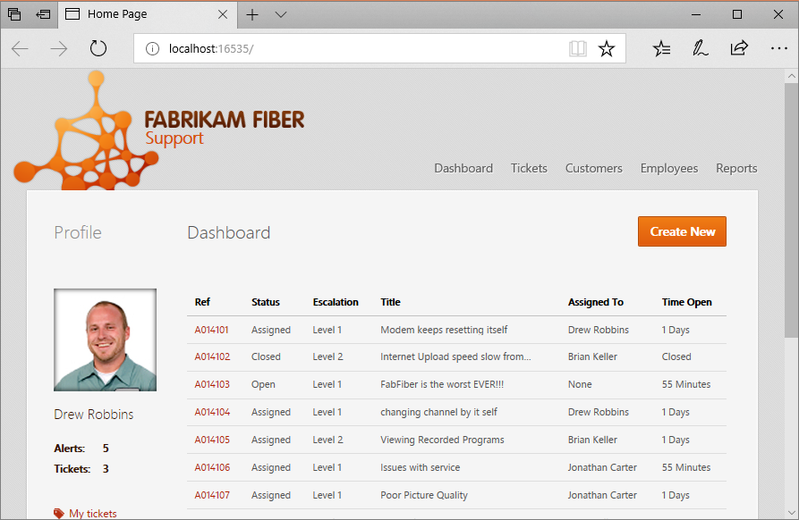 本地主机上运行的 Fabrikam Fiber CallCenter 应用程序主页的屏幕截图。该页显示一个仪表板，其中包含支持电话列表。