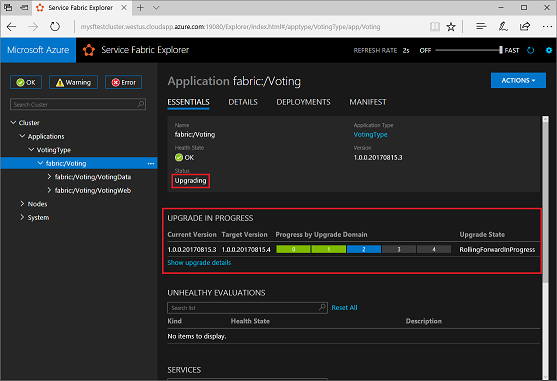 Service Fabric Explorer 中的 Voting 应用的屏幕截图。突出显示了“升级正在进行”消息，应用状态为“正在升级”。