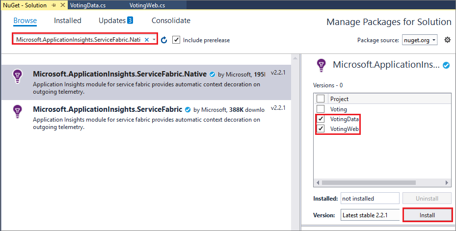 显示 NuGet 中的 Application Insights SDK 的屏幕截图。