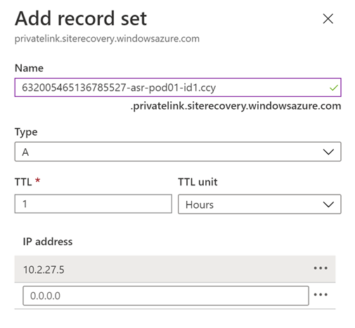 显示的页面用于将完全限定的域名的 DNS A 类型记录添加到 Azure 门户中的专用终结点。