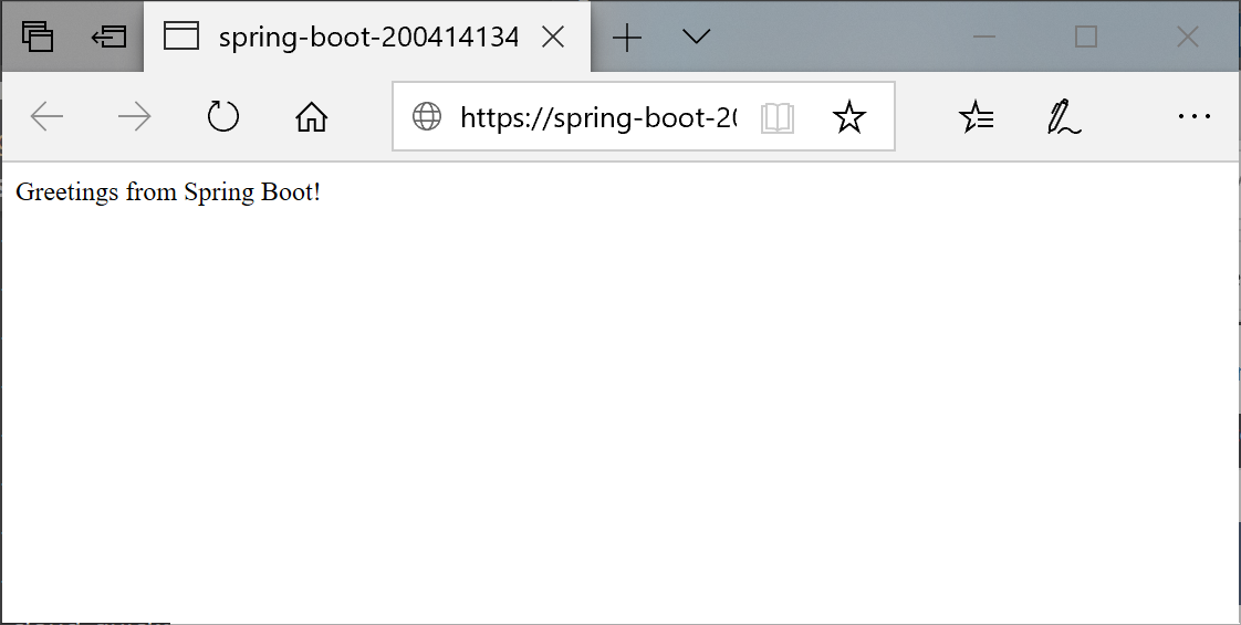 在浏览器中运行的应用的屏幕截图，其中显示了来自 Spring Boot 的问候消息。