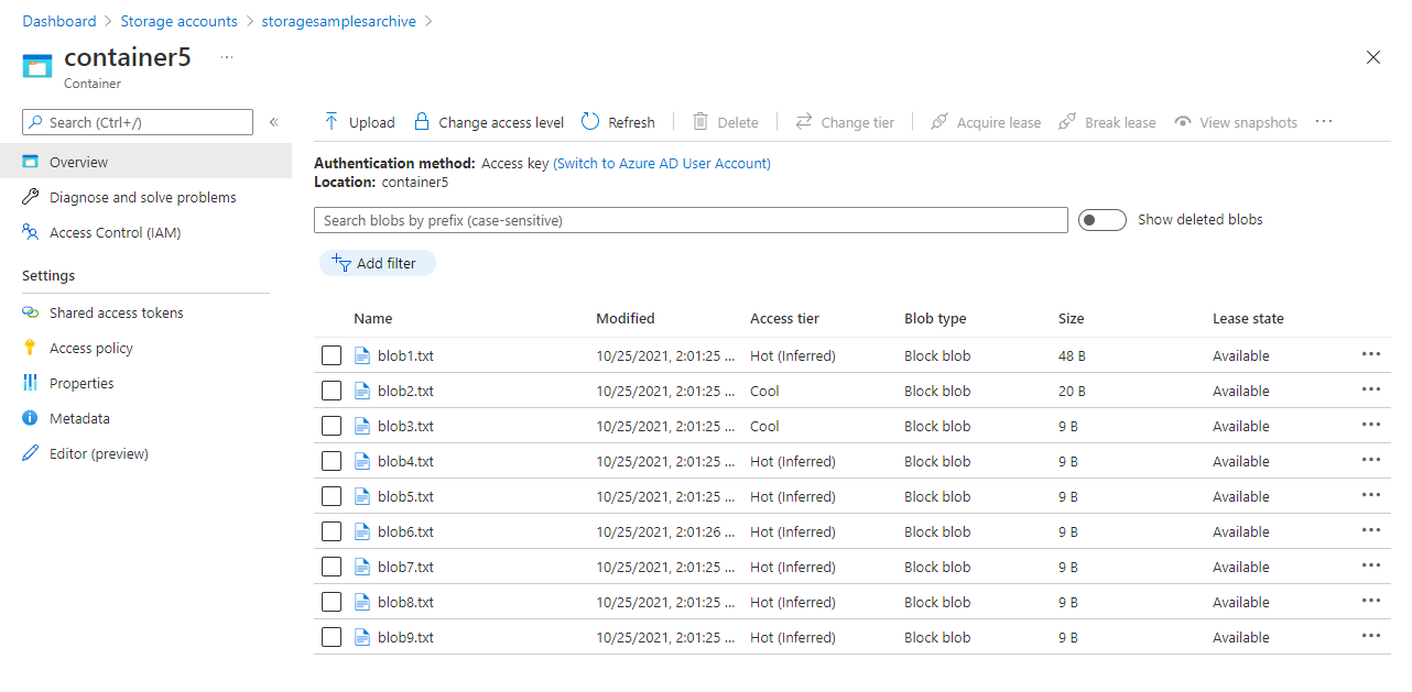 显示 Azure 门户中具有默认访问层的 blob 的屏幕截图。