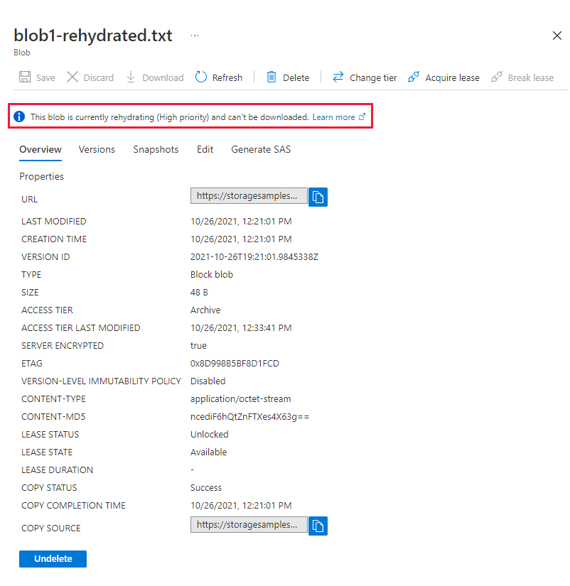 屏幕截图显示存档层中的目标 Blob，该 Blob 正在以高优先级解除冻结。