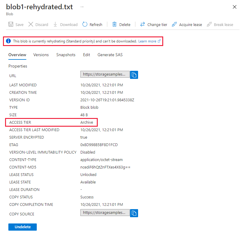 屏幕截图显示存档层中的目标 Blob，该 Blob 正在以标准优先级解除冻结。