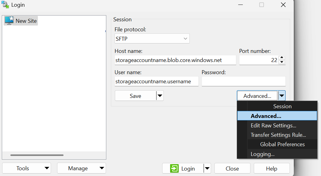 包含“高级”选项的 WinSCP 登录窗口的屏幕截图。
