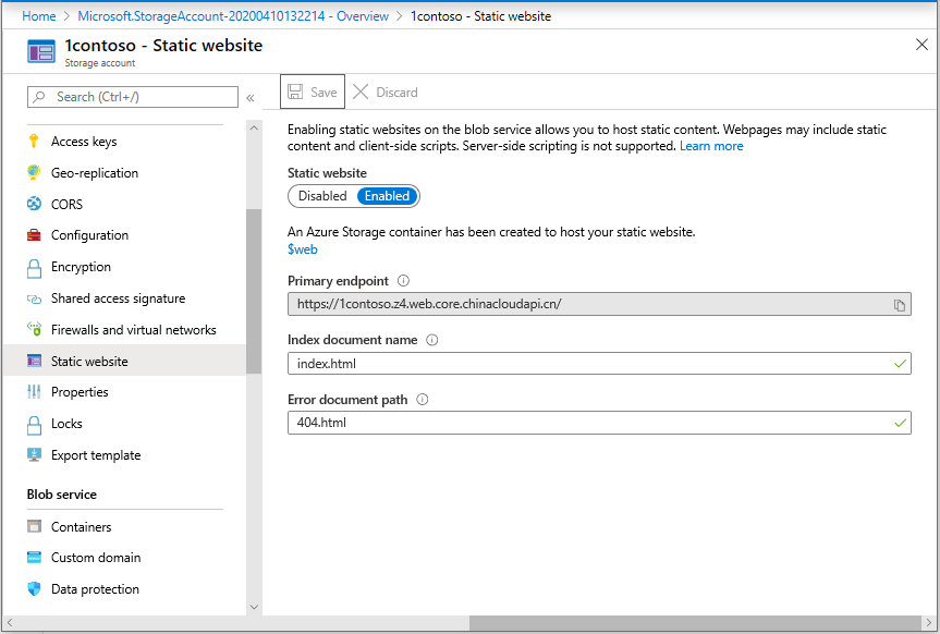 Enable static website hosting for a storage account