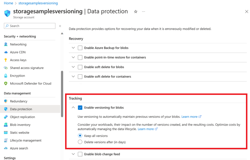 Screenshot showing how to enable blob versioning in Azure portal