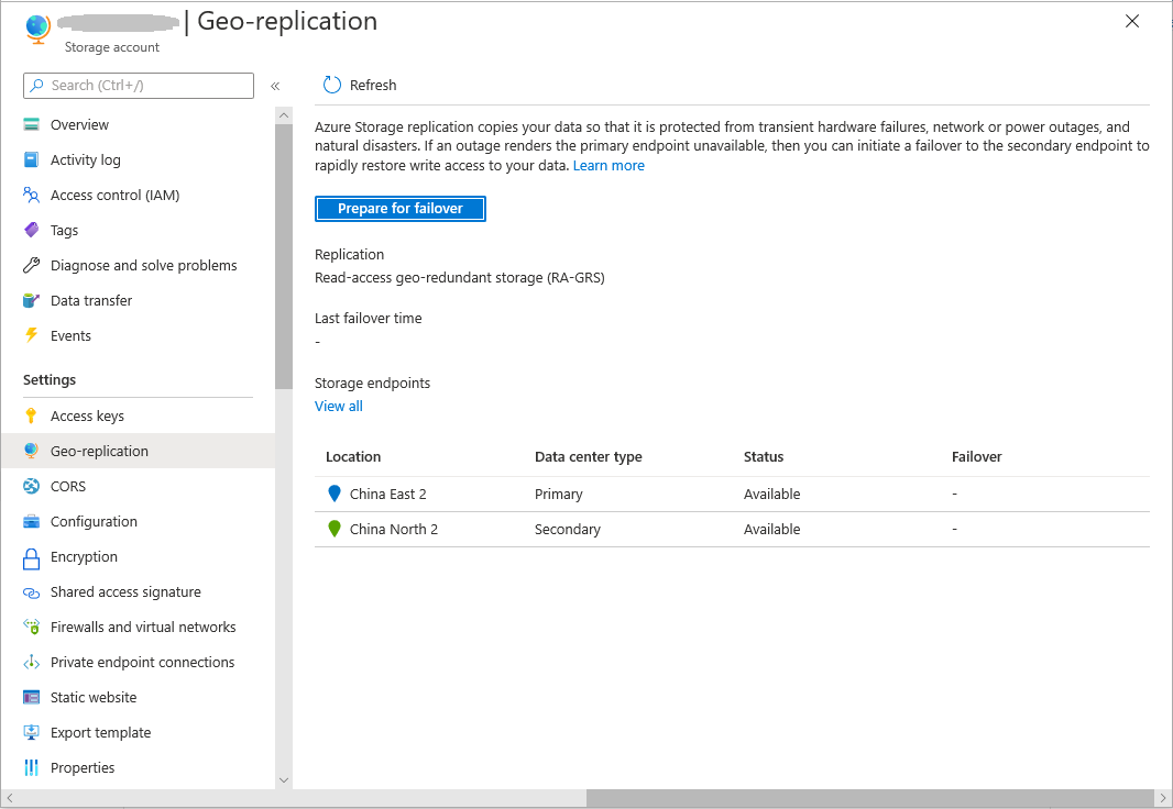 Screenshot showing geo-replication and failover status