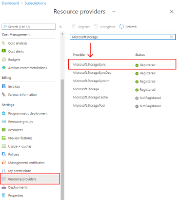 显示 Azure 门户、订阅管理、已注册的资源提供程序的插图。