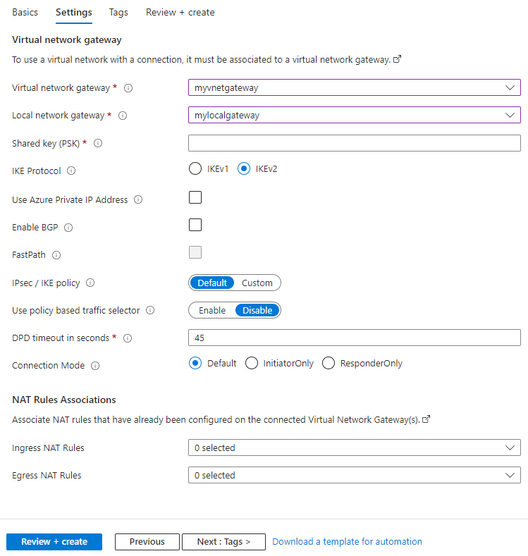 显示如何使用 Azure 门户配置站点到站点 VPN 连接设置的屏幕截图。