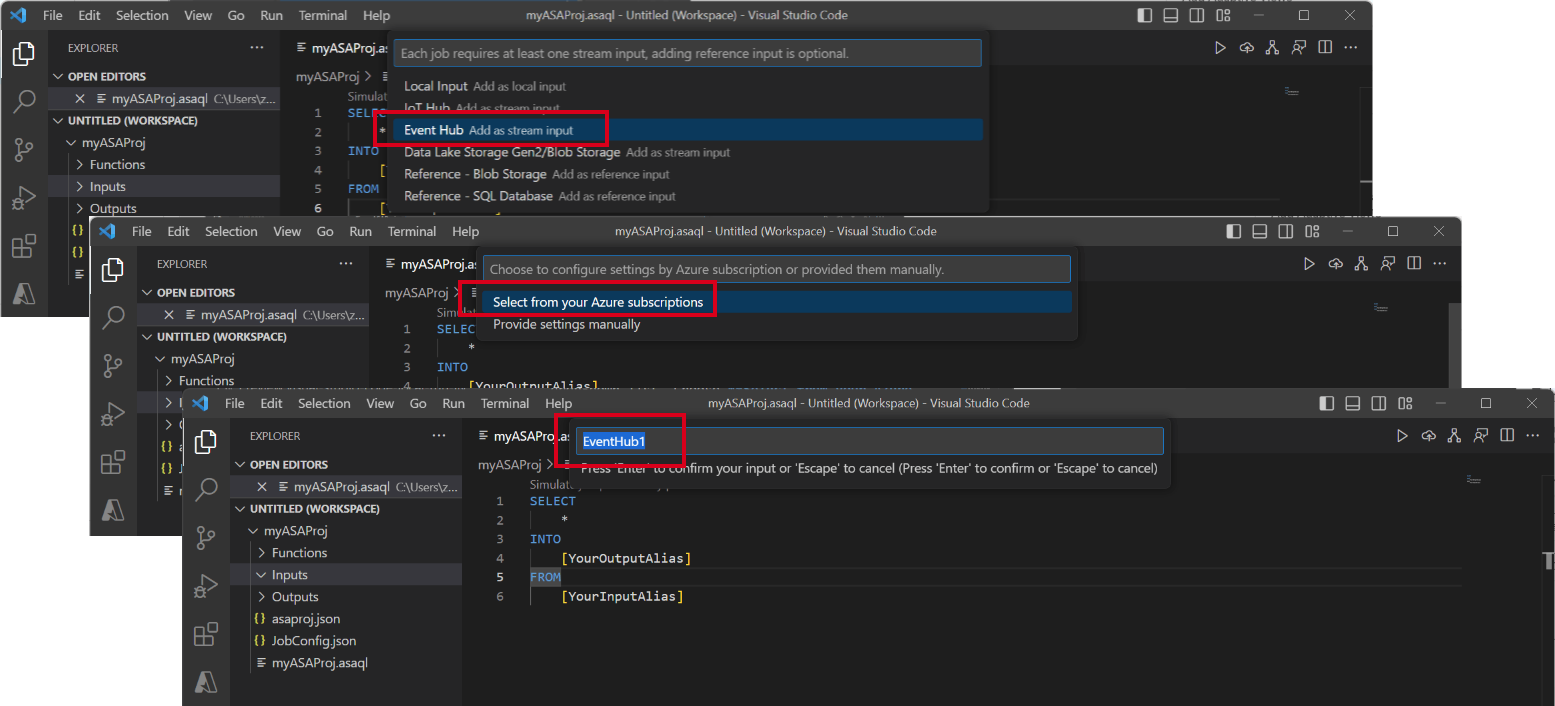 VS Code 扩展的屏幕截图，其中显示了事件中心输入配置的一系列步骤。