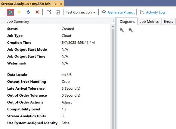 显示从 Visual Studio 启动流分析作业的“开始”按钮的屏幕截图。