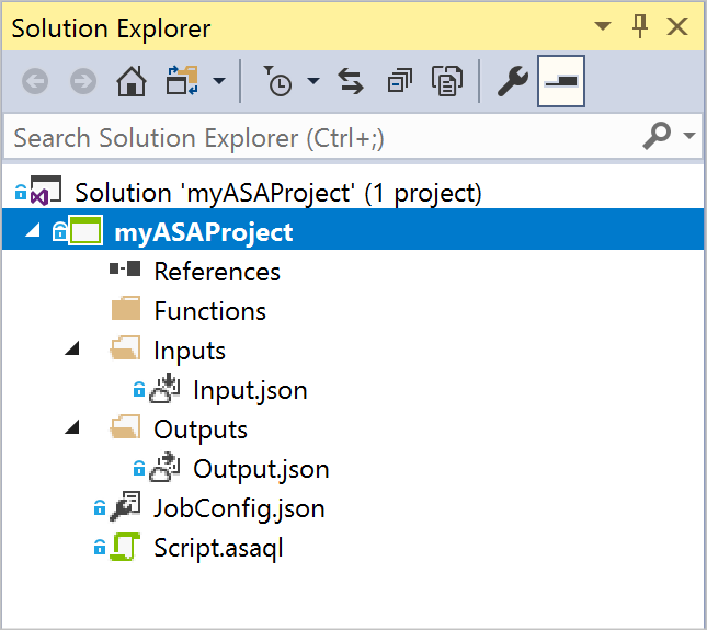 显示 Visual Studio 中示例流分析应用程序项目的“解决方案资源管理器”窗口的屏幕截图。