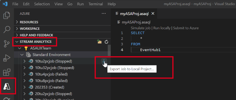 VS Code 扩展将 ASA 作业导出到Visual Studio Code的屏幕截图。