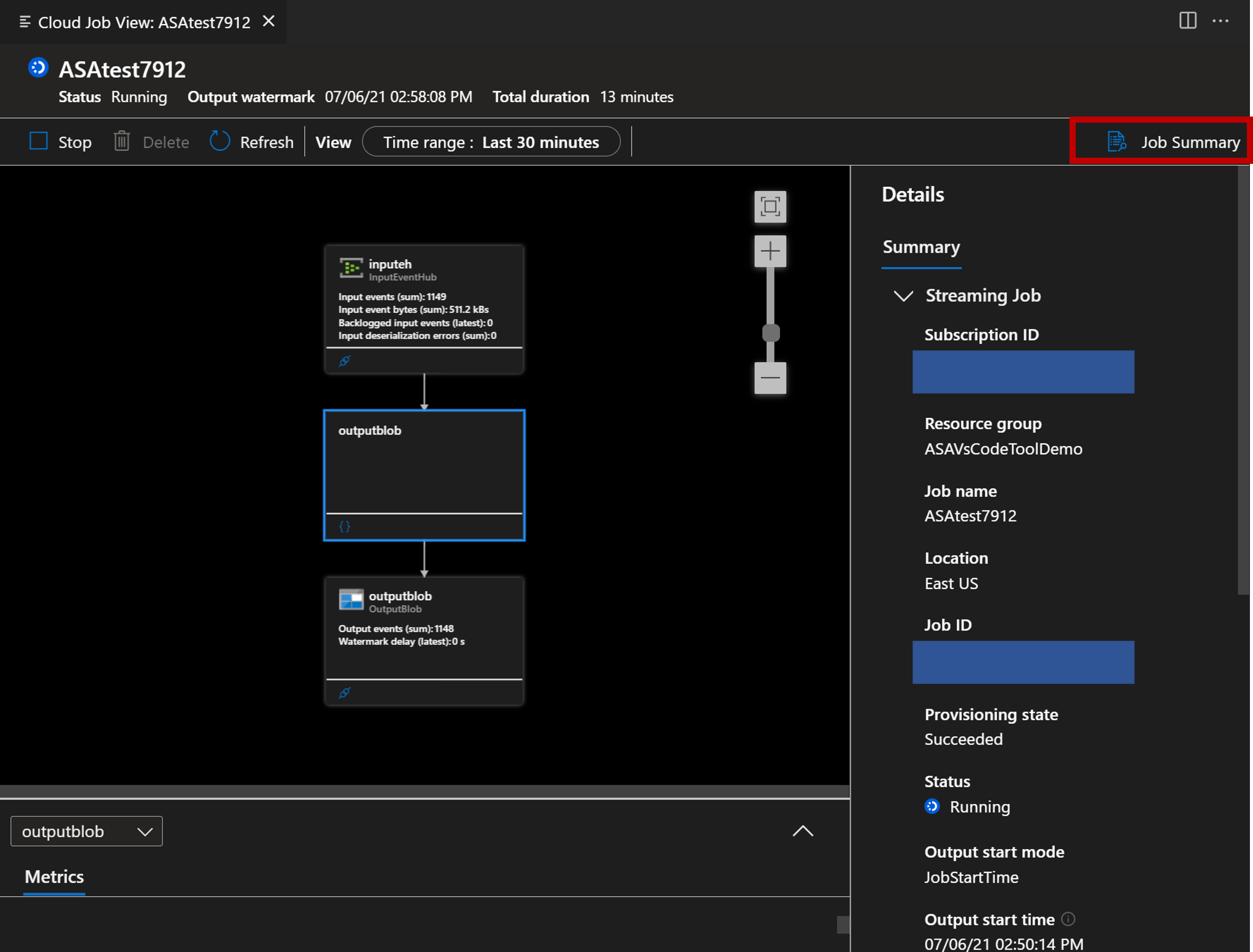 在 VS Code 扩展中查看作业摘要的屏幕截图。