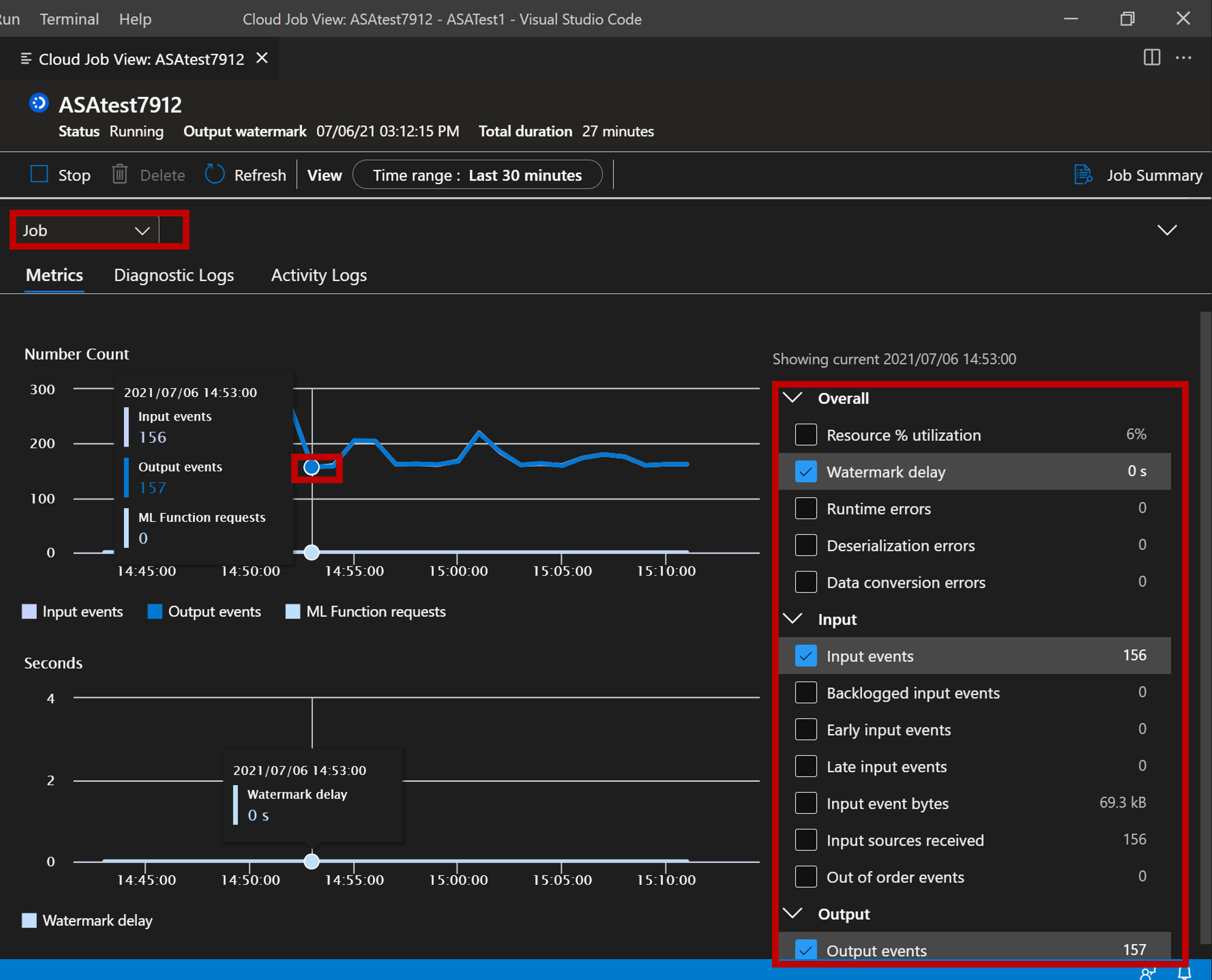 VS Code 扩展查看作业指标的屏幕截图。