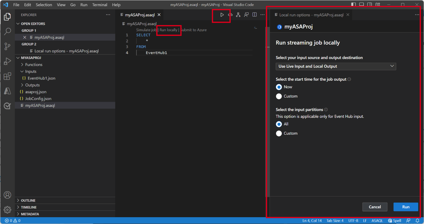 VS Code 扩展在查询编辑器中选择“在本地运行”的屏幕截图。