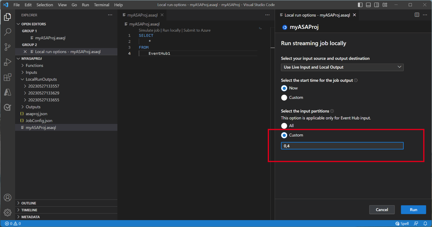 指定事件中心分区的 VS Code 扩展的屏幕截图。