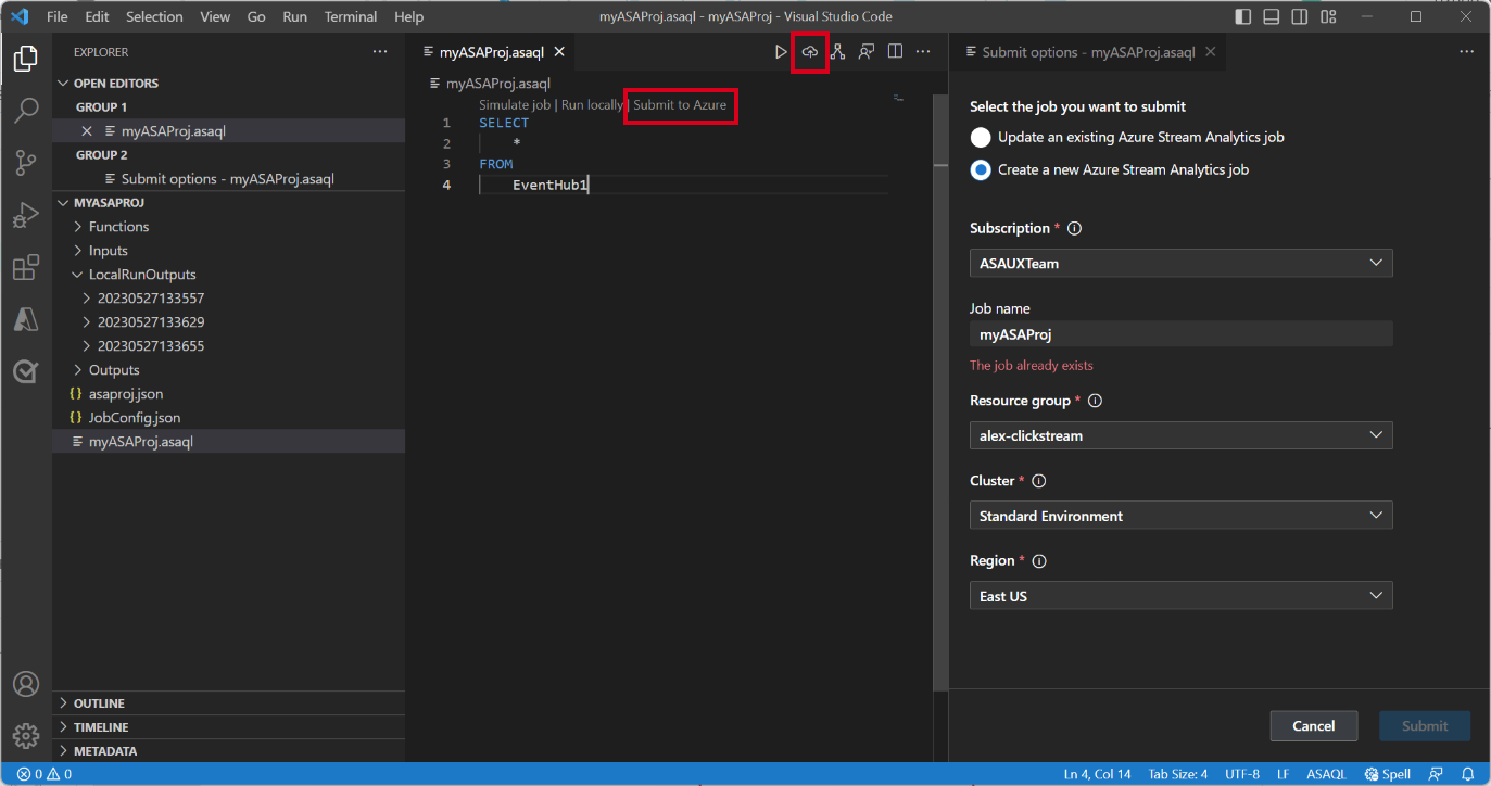 VS Code 扩展将作业提交到 Azure 的截图。