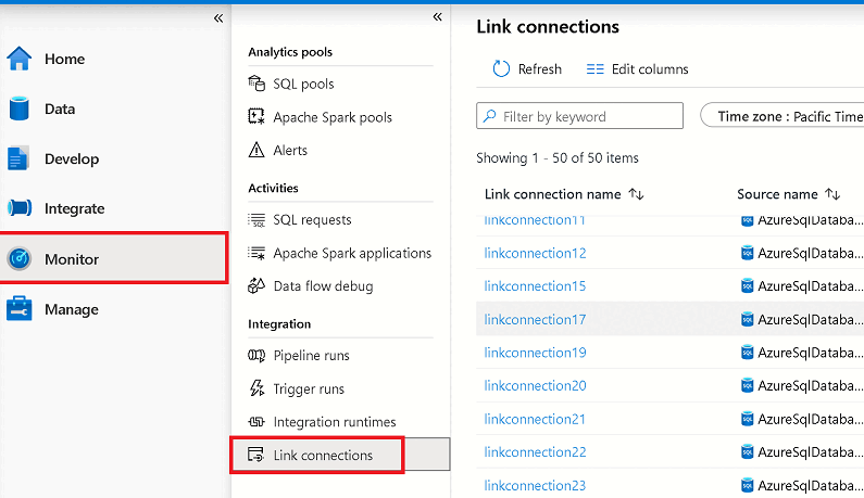 显示如何从监视中心监视 Azure Synapse Link 连接状态的屏幕截图。